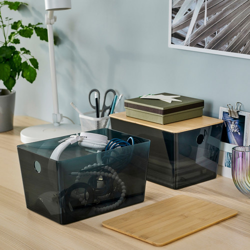 KUGGIS Box with lid, transparent black/bamboo, 18x26x15 cm