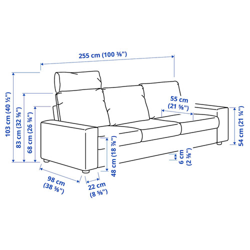 VIMLE 3-seat sofa, with headrest with wide armrests/Saxemara black-blue