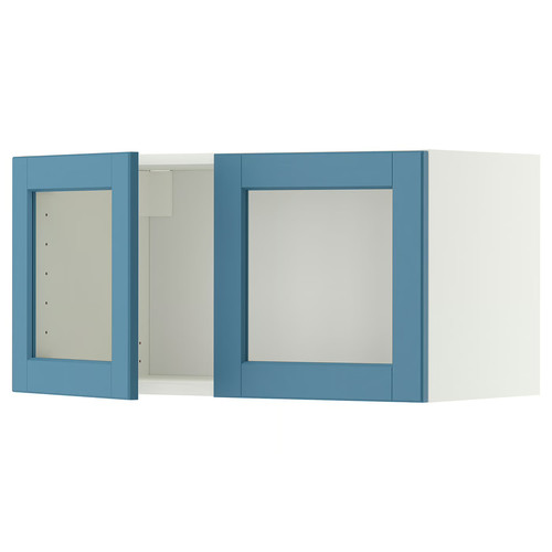 METOD Wall cabinet with 2 glass doors, white/Lerhyttan blue, 80x40 cm