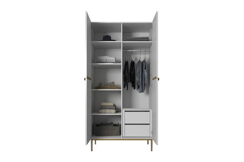 Two-Door Wardrobe Nicole with Drawers Inside & Metal Legs 100 cm, matt white/gold