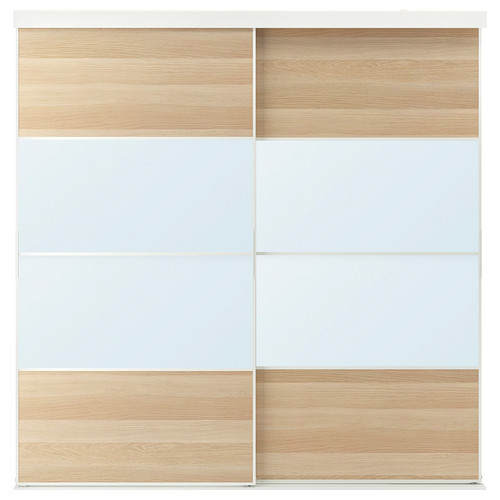 SKYTTA / MEHAMN/AULI Sliding door combination, white/white stained oak effect mirror glass, 202x205 cm