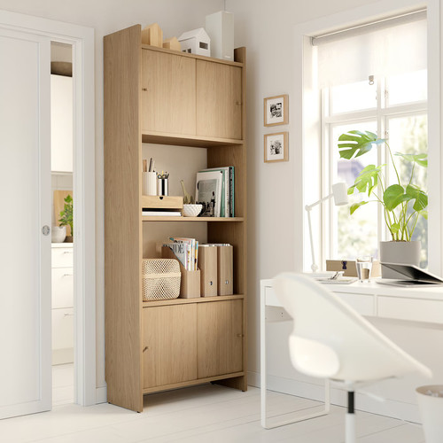 LÅDMAKARE Storage combination w sliding doors, with shelf/oak effect, 81x35x212 cm