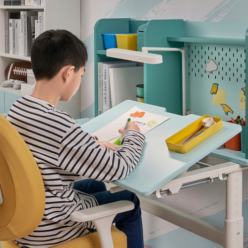 BERGLÄRKA Desk, turquoise/white tiltable, 100x70 cm