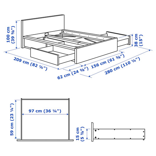 MALM Bed frame, high, w 4 storage boxes, black-brown, 140x200 cm