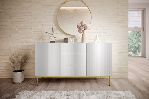 Cabinet with 2 Doors & 3 Drawers Nicole 150 cm, matt white/gold legs