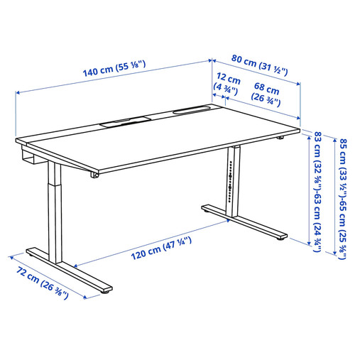 MITTZON Desk, black stained ash veneer/black white, 140x80 cm