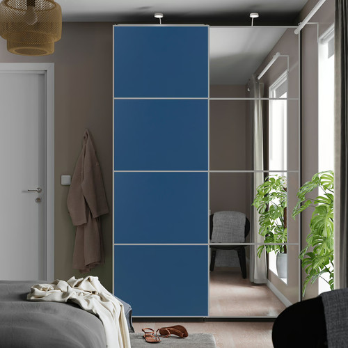 AULI / MEHAMN Pair of sliding doors, aluminium mirror glass/double sided blue, 150x236 cm