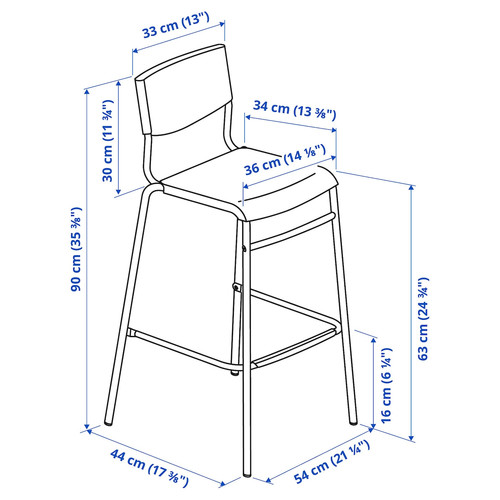 STIG Bar stool with backrest, black/black, 63 cm