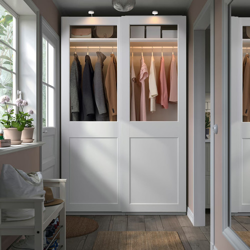 PAX / GRIMO Wardrobe with sliding doors, white/clear glass white, 150x66x236 cm