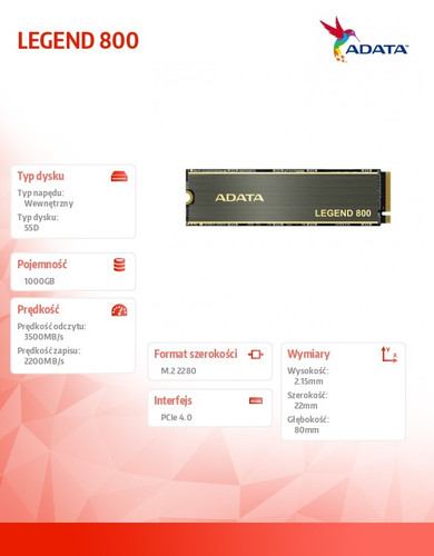 Adata SSD Legend 800 1000GB PCIe 4x4 3.5/2.2 GB/s M2