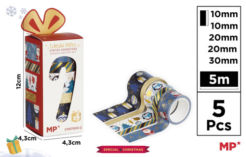 Christmas Washi Tape Set with Gold Print, 5 Rolls