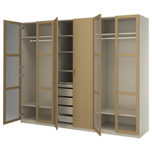 PAX / TONSTAD Wardrobe combination, grey-beige/oak veneer glass, 300x60x236 cm
