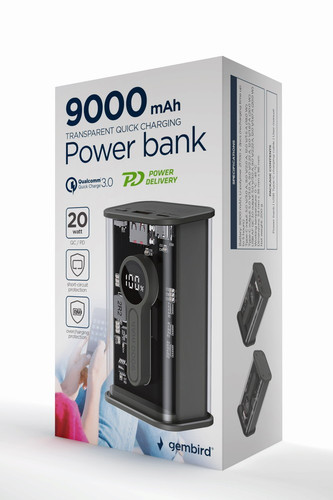 Gembird Power Bank Powerbank Transparent 9000 mAh QC3.0, black