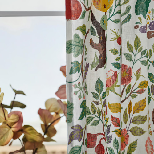 VILDPERSILJA Curtains, 1 pair, white multicolour/floral pattern, 145x300 cm