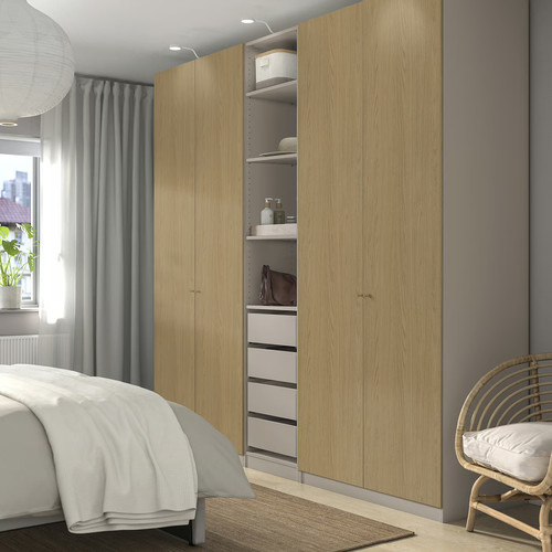PAX / STORKLINTA Wardrobe combination, grey-beige/oak effect, 250x58x236 cm