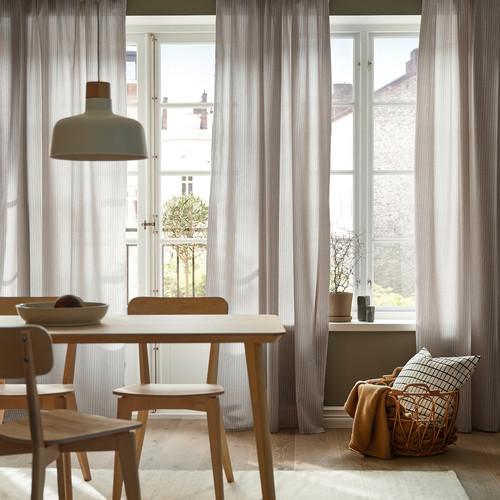 MÄSTERROT Curtains, 1 pair, beige/white dot pattern/with heading tape, 145x300 cm