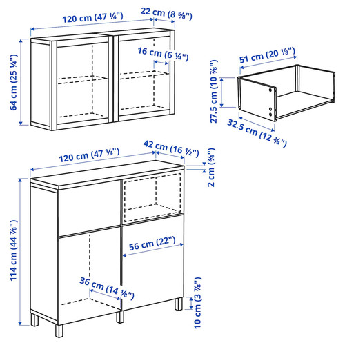 BESTÅ Storage combination w doors/drawers, white Smeviken/Ostvik/Kabbarp white clear glass, 120x42x240 cm