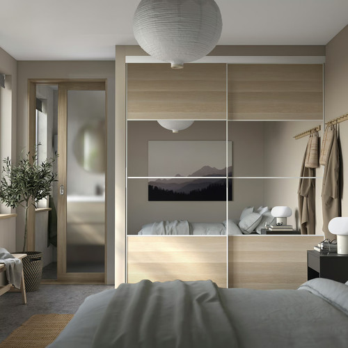 BOAXEL/SKYTTA Reach-in wardrobe with sliding door, white Mehamn/Auli/white stained oak effect mirror glass, 202x65x240 cm