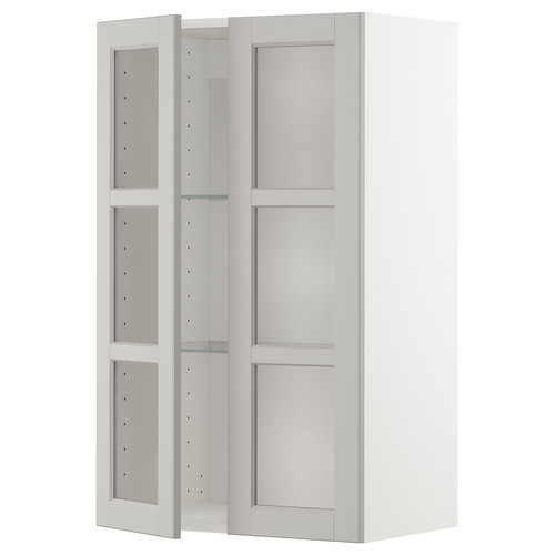 METOD Wall cabinet w shelves/2 glass drs, white/Lerhyttan light grey, 60x100 cm