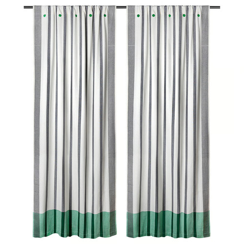 MÄVINN Curtains, 1 pair, black/white/stripe green, 110x250 cm