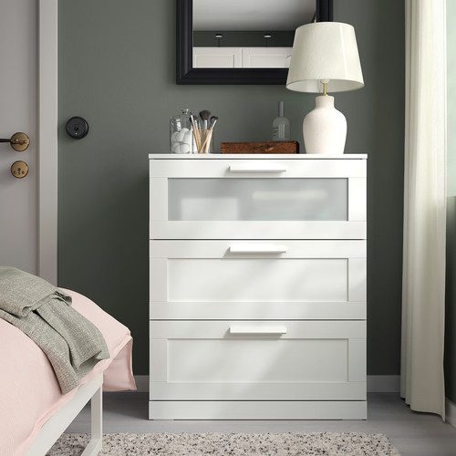 BRIMNES Chest of Drawers, 3 drawers, white/frosted glass, 78x95 cm