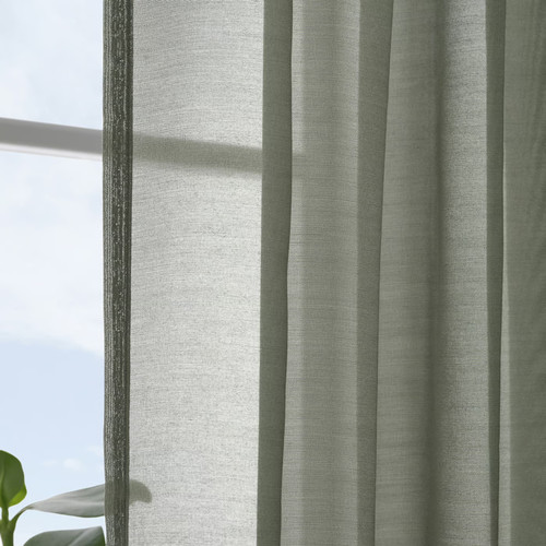 STENFRÖ Sheer curtains, 1 pair, green/with heading tape, 145x300 cm