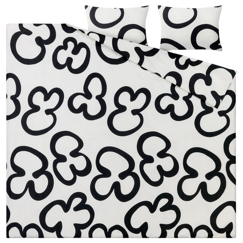 KLIPPBRÄCKA Duvet cover and 2 pillowcases, white/black, 200x200/50x60 cm