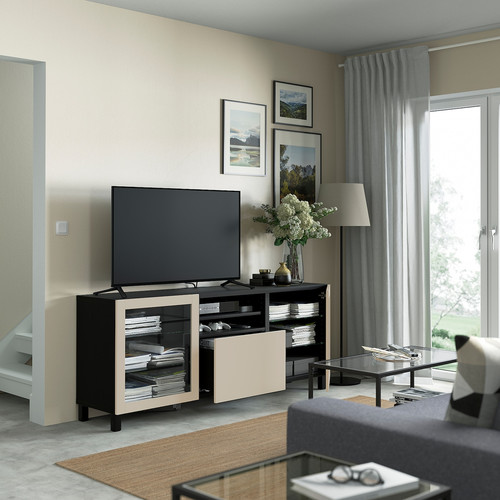 BESTÅ TV bench with drawers, black-brown Sindvik/Lappviken/Stubbarp light grey/beige, 180x42x74 cm