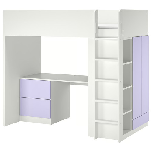 SMÅSTAD Loft bed, white lilac/with desk with 3 drawers, 90x200 cm