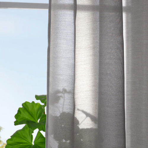 STENFRÖ Sheer curtains, 1 pair, grey/with heading tape, 145x300 cm