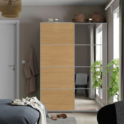 AULI / MEHAMN Pair of sliding doors, aluminium mirror glass/double sided oak effect, 150x201 cm
