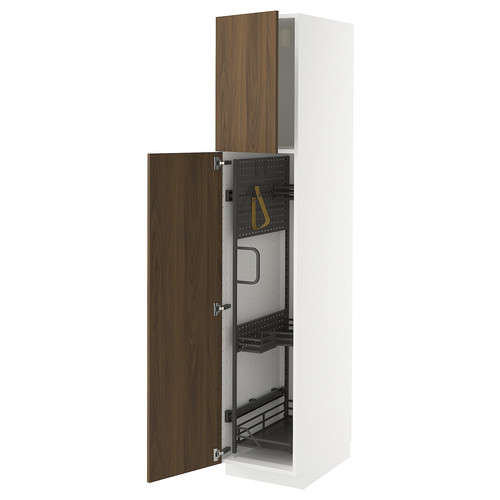METOD High cabinet with cleaning interior, white/Tistorp brown walnut effect, 40x60x200 cm
