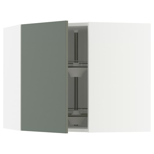 METOD Corner wall cabinet with carousel, white/Nickebo matt grey-green, 68x60 cm