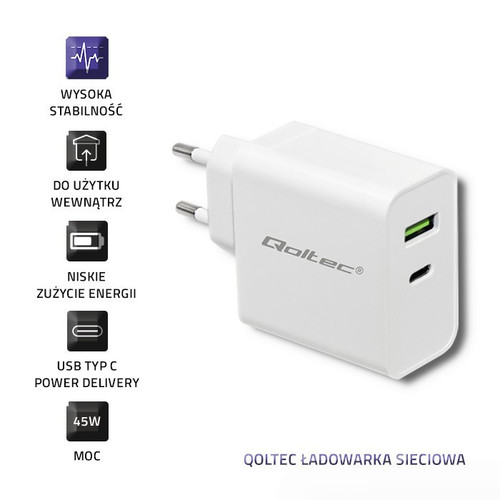 Qoltec Wall Charger 42W 5-20V, 2.4-3A, USB C EU Plug