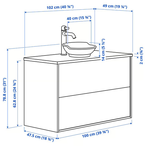 TÄNNFORSEN/VÄSTERSJÖN Wash-stnd w drawers/wash-basin/tap, light grey/black marble effect, 102x49x79 cm