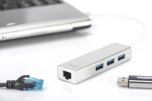Digitus USB 3.0, 3-ports HUB & Gigabit LAN adapter 3xUSB A/F,1xUSB A/M,1xRJ45 LAN, Win/Mac OS