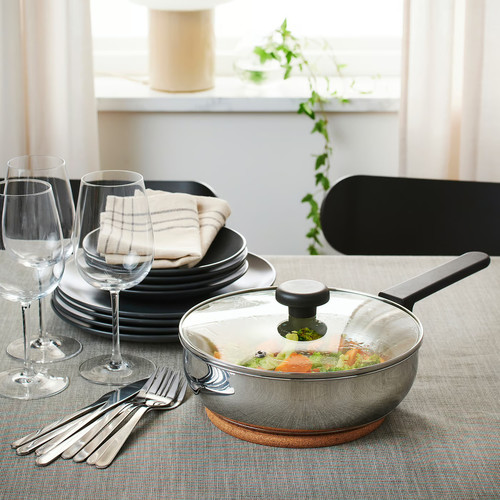 MIDDAGSMAT Sauté pan with lid, clear glass/stainless steel, 24 cm