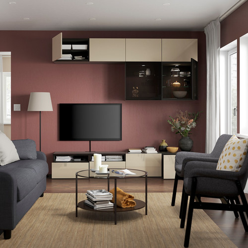 BESTÅ TV storage combination/glass doors, black-brown/Selsviken high-gloss/beige smoked glass, 240x42x231 cm