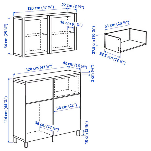 BESTÅ Storage combination w doors/drawers, white Lappviken/Sindvik/Stubbarp white clear glass, 120x42x240 cm