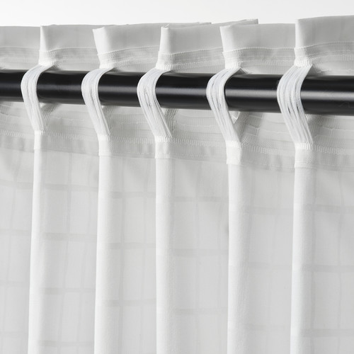 MÄSTERROT Curtains, 1 pair, white white/grid with heading tape, 145x300 cm