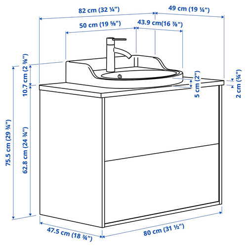 TÄNNFORSEN / RUTSJÖN Wash-stnd w drawers/wash-basin/tap, white/white marble effect, 82x49x76 cm