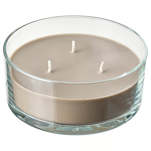LOTSFÅGEL Scented candle in glass, 3 wicks, Sandalwood & patchouli brown, 25 hr