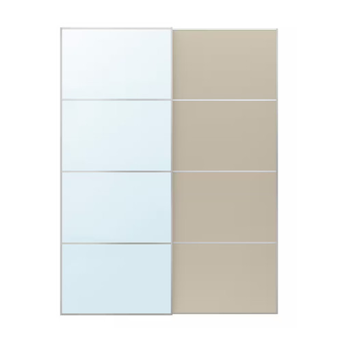 AULI / MEHAMN Pair of sliding doors, aluminium mirror glass/double sided grey-beige, 150x201 cm