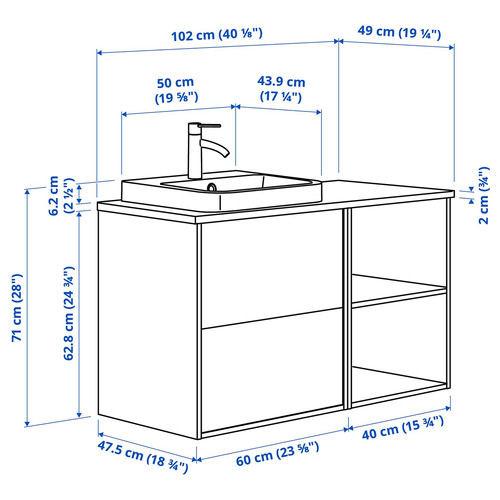 HAVBÄCK / ORRSJÖN Wash-stand/wash-basin/tap, beige/oak effect/white marble effect, 102x49x71 cm