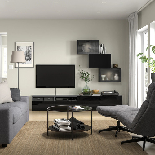 BESTÅ TV storage combination/glass doors, dark grey Lappviken/Fällsvik anthracite, 240x42x190 cm