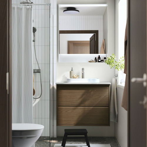 ÄNGSJÖN / BACKSJÖN Wash-stnd w drawers/wash-basin/tap, brown oak effect/grey stone effect, 82x49x71 cm