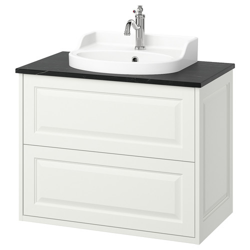 TÄNNFORSEN / RUTSJÖN Wash-stnd w drawers/wash-basin/tap, white/black marble effect, 82x49x76 cm