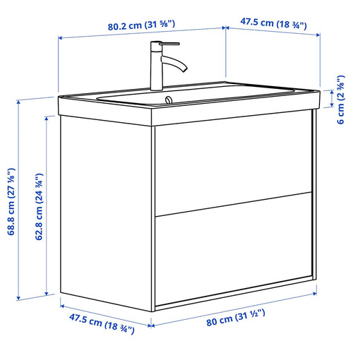 ÄNGSJÖN / BACKSJÖN Wash-stnd w drawers/wash-basin/tap, brown oak effect, 80x48x69 cm