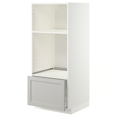 METOD High cab for oven/micro w drawer, white/Lerhyttan light grey, 60x60x140 cm
