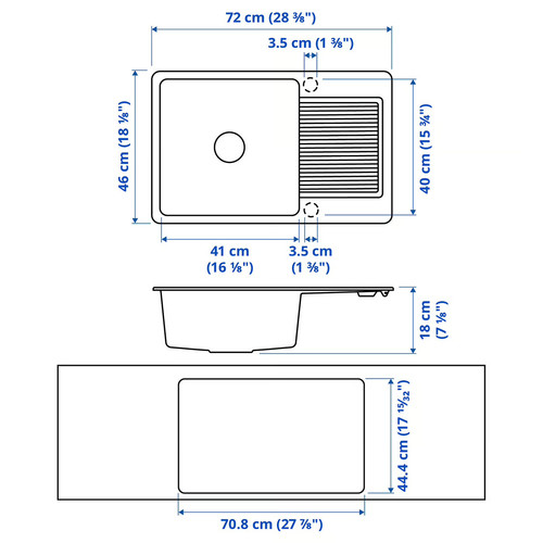 KILSVIKEN Inset sink, 1 bowl with drainboard, white quartz composite, 72x46 cm